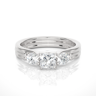 1 Carat Princess And Round Moissanite Three Stone Ring In White Gold
