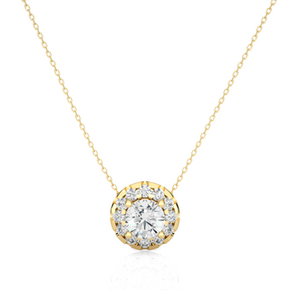 0.50 Cat Slim Scallop Halo Round Moissanite Pendant In Yellow Gold