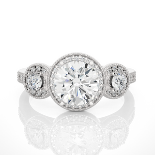 3 Ct Round Cut Three Stone Halo Moissanite Ring In White Gold