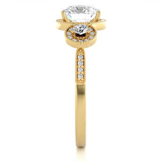 3 Carat Round Cut Three Stone Halo Moissanite Ring In Yellow Gold