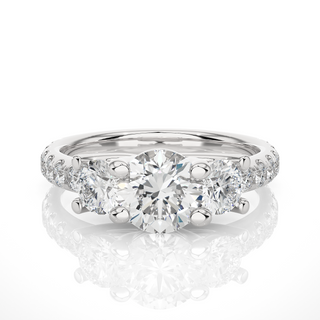 2.50 Ct Round Moissanite Three Stone Ring with Accent in White Gold