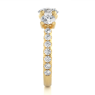 2.50 Ct Round Moissanite Three Stone Ring With Accent in Yellow Gold