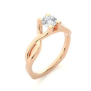 Angled view of 0.50 Ct Moissanite Twisted Solitaire Engagement Ring In Rose Gold, showcasing the band and setting.​