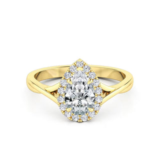 1.1 Carat Pear Shape Halo Moissanite Engagement Ring in Yellow Gold