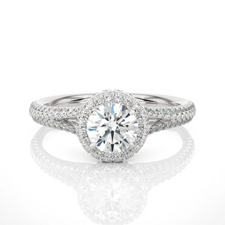 Front view of 1.50 Carat Round Moissanite Split Shank Halo Engagement Ring in White Gold, highlighting the brilliant center moissanite stone.