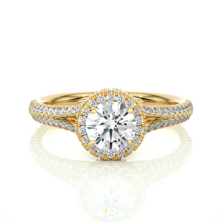 Front view of 1.50 Carat Round Moissanite Split Shank Halo Engagement Ring In Yellow Gold, highlighting the brilliant center moissanite stone.
