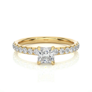 Front view of 1.50 Ct Princess Cut Moissanite Engagement Ring with Accents in Yellow Gold, highlighting the brilliant center moissanite stone.
