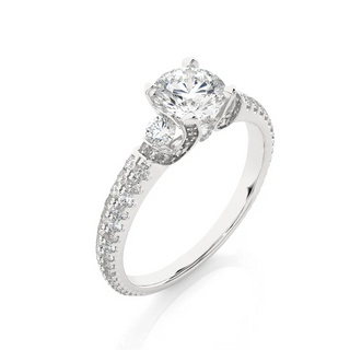 Angled view of 1 Carat Round Cut Moissanite Engagement Ring With Accents in Silver, showcasing the band and setting.​