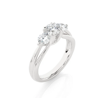 Angled view of 2 Carat 3 Stone Round Cut Moissanite Ring in Silver, showcasing the band and setting.​