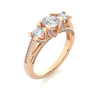 Angled view of 2 Ct Moissanite Three Stone Engagement Ring with Accent in Rose Gold, showcasing the band and setting.​
