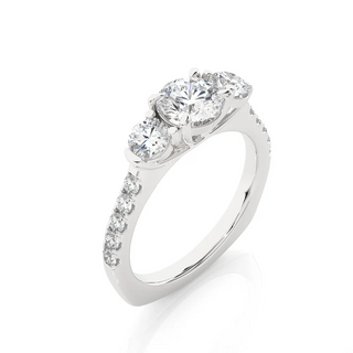 Angled view of 2 Carat Round Moissanite Engagement Three Stone Ring In White Gold, showcasing the band and setting.​