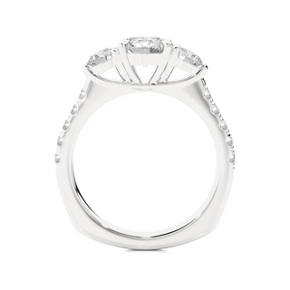 Side profile of 2 Carat Round Moissanite Engagement Three Stone Ring In White Gold, highlighting the prong setting.