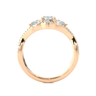 Side profile of 2 Carat Round Moissanite Three Stone Twisted Engagement Ring in Rose Gold, highlighting the brilliant center moissanite stone., highlighting the prong setting.