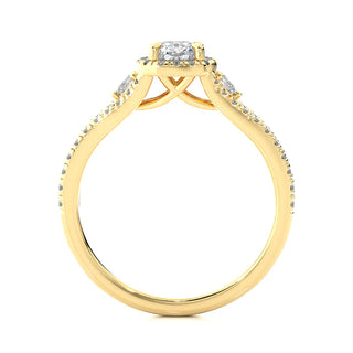 Side profile of 2 Carat Cushion Cut Moissanite Three Stone Halo Ring In Yellow Gold, highlighting the prong setting.
