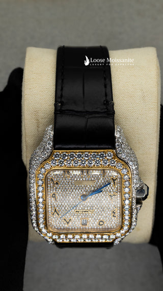 Close up View Of Arabic Yellow Dial Black Leather Belt Moissanite Watch 41 MM