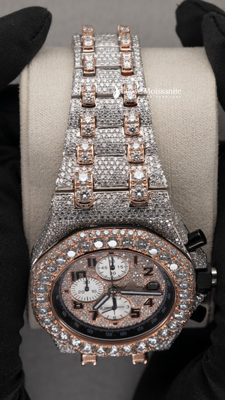 Close up View Of Bust Down Stainless Steel Moissanite Watch 41 MM Rose Gold Tone