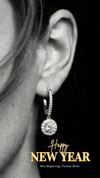 Close-up of an ear wearing a diamond earring with 'Happy New Year' text at the bottom.