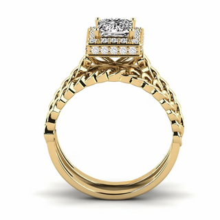 1.50 Ct Princess Cut Hidden Halo Moissanite Bridal Set Ring in Yellow Gold