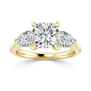 2.5 Carat Moissanite Cushion Three Stone Ring in Yellow Gold