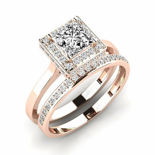 1.50 Ct Princess Shape Halo Moissanite Bridal Set Ring in Rose Gold