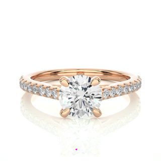 Front view of 1.20 Ct Round Cut Moissanite Cathedral Set Engagement Ring In Rose Gold, highlighting the brilliant center Moissanite stone.