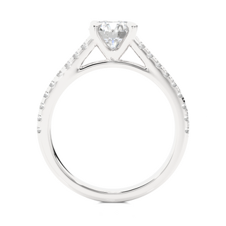 Side profile of 1.20 Ct Round Cut Moissanite Cathedral Set Engagement Ring In Silver, highlighting the brilliant center moissanite stone., highlighting the prong setting.