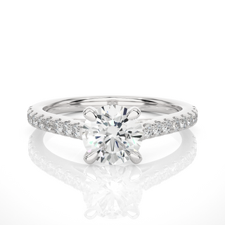 Front view of 1.20 Ct Round Cut Moissanite Cathedral Set Engagement Ring In White Gold, highlighting the brilliant center Moissanite stone.
