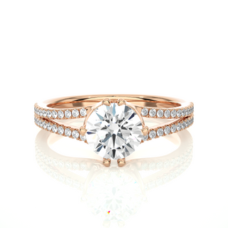 Front view of 1.40 Ct Round Cut Moissanite Split Shank Engagement Ring In Rose Gold, highlighting the brilliant center moissanite stone.