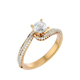 Angled view of 1.50 Carat Bypass Three Row Round Moissanite Ring In Yellow Gold, showcasing the band and setting.​
