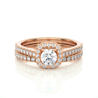 Front view of 1.50 Carat Halo Moissanite Bridal Set With Accents in Rose Gold, highlighting the brilliant center Moissanite stone.