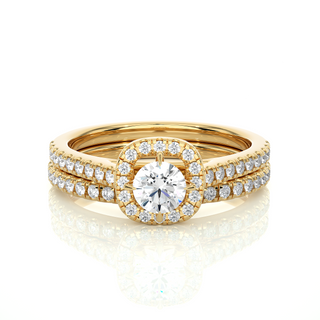 Front view of 1.50 Carat Halo Moissanite Bridal Set With Accents in Yellow Gold, highlighting the brilliant center Moissanite stone.