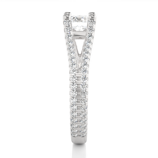 Side profile of 1.50 Carat Moissanite Split Shank Engagement Ring With Accents In Silver, highlighting the prong setting.