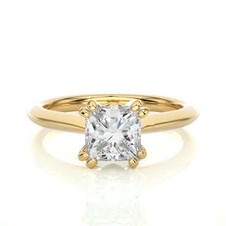 Front view of 1.50 Carat Princess Cut Moissanite Solitaire Ring In Yellow Gold, highlighting the brilliant center moissanite stone.
