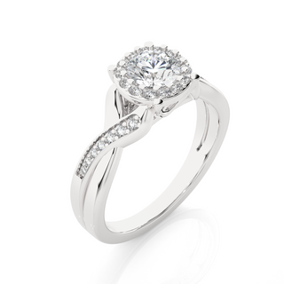 Angled view of 1.50 Carat Round Moissanite Halo Twisted Ring In Silver, showcasing the band and setting.​