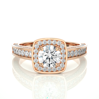 Front view of 1.50 Carat Round Moissanite Hidden Halo Engagement Ring In Rose Gold, highlighting the brilliant center Moissanite stone.
