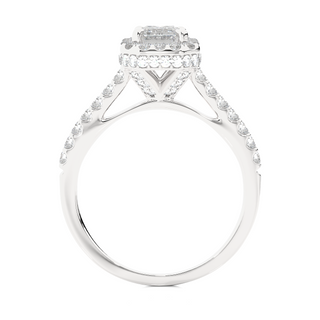 Side profile of 1.50 Ct Emerald Cut Moissanite Halo Engagement Ring In White Gold, highlighting the prong setting.