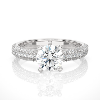 Front view of 1.50 Ct Moissanite Engagement Ring With Three Row Accents In White Gold, highlighting the brilliant center moissanite stone.