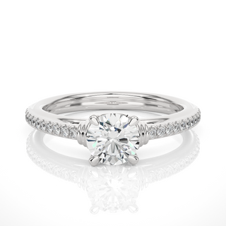 Front view of 1.50 Ct Round Cut Moissanite French V-Split Engagement Ring In Silver, highlighting the brilliant center moissanite stone.