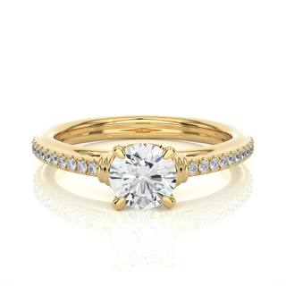 Front view of 1.50 Ct Round Cut Moissanite French V-Split Engagement Ring In Yellow Gold, highlighting the brilliant center moissanite stone.