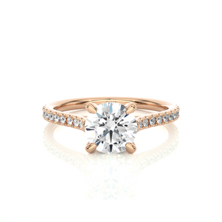 Front view of 1.50 Ct Round Moissanite Hidden Halo Engagement Ring In Rose Gold, highlighting the brilliant center Moissanite stone.