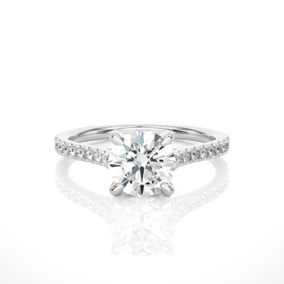 Front view of 1.50 Ct Round Moissanite Hidden Halo Engagement Ring In White Gold, highlighting the brilliant center Moissanite stone.