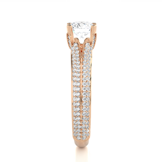 Side profile of 1.50 Ct Round Moissanite Split Shank Engagement Ring In Rose Gold, highlighting the prong setting.