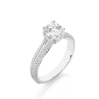 Angled view of 1.50 Ct Round Moissanite Split Shank Engagement Ring In Silver, showcasing the band and setting.​