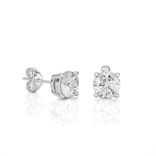 Side view of 1 Carat Four Prong Round Cut Moissanite Stud Earrings in White Gold, highlighting prong height and earring profile.