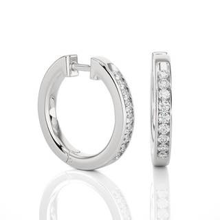 Side profile of 1 Carat Round Moissanite Channel Set Hoop Earrings In White Gold, highlighting the slim, elegant design.