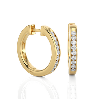 Side profile of 1 Carat Round Moissanite Channel Set Hoop Earrings In Yellow Gold, highlighting the slim, elegant design.
