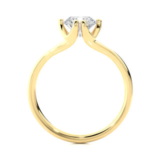 Side profile of 1 Carat Round Moissanite Split Shank Solitaire Engagement Ring In Yellow Gold, highlighting the prong setting.