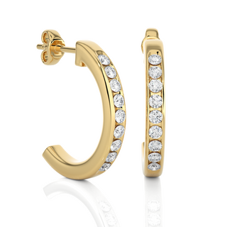 side view of 1 Carat Round Shape Moissanite C-Hoop Earrings In Yellow Gold with bend and some stones showing.
