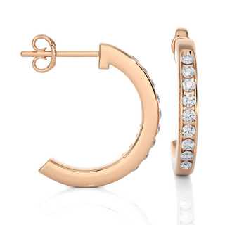 side view of 1 Carat Round Shape Moissanite C Hoop Earrings In Rose Gold with bend and some stones showing.