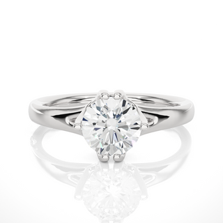 Front view of 1 Ct Round Moissanite Solitaire Engagement Ring In White Gold, highlighting the brilliant center moissanite stone.